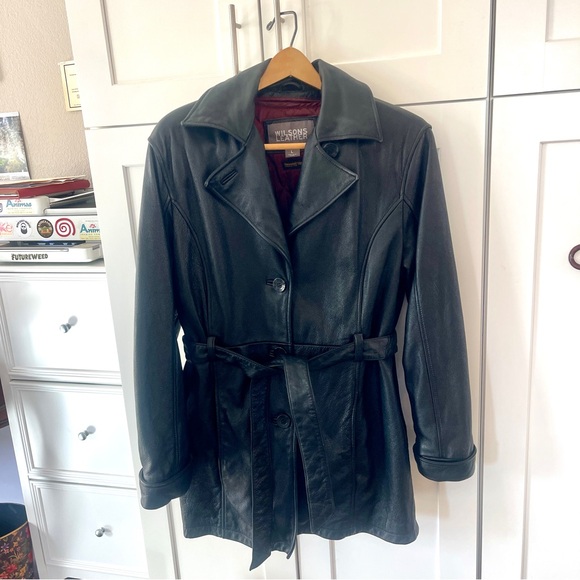 Wilson Jackets & Blazers - Vintage 1988 Wilson  Black Leather Belted Jacket Size L, Buttons & zip out liner